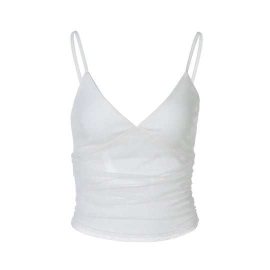 Damen Spaghetti-Träger Blusenoberteil mit transparenter Drapierung R&B