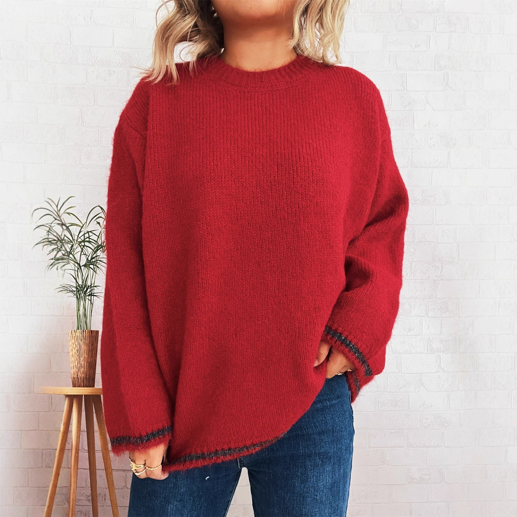 Damen lässiger Wohlfühlpullover mit blockfarbenem Design R&B