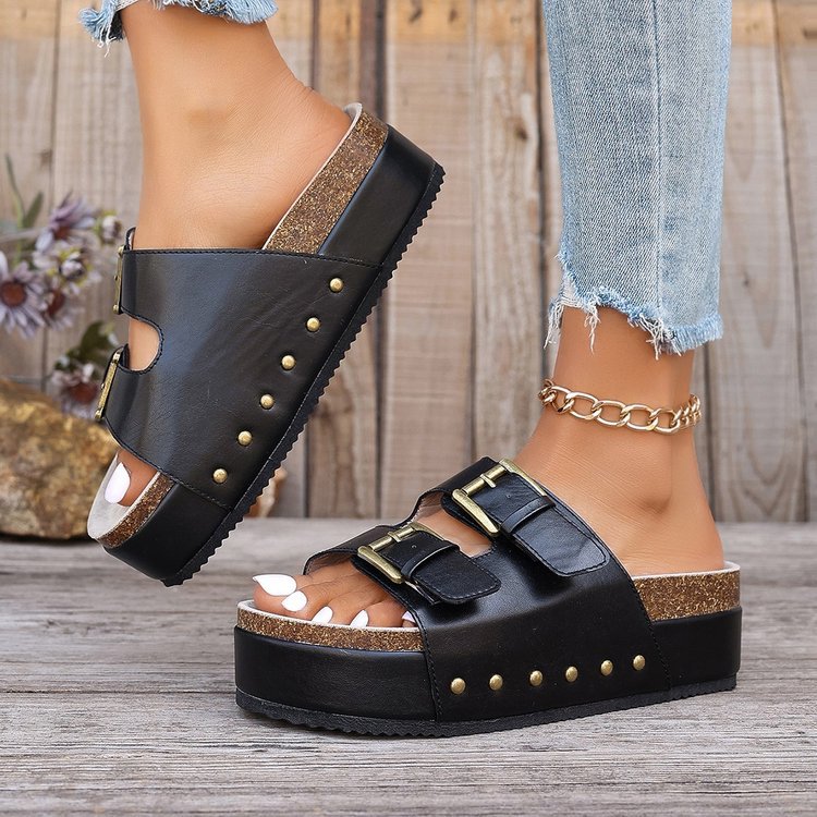 Damen Komfortable Wedge-Pantoletten mit verstellbarem Riemendesign und dekorativen Schnallen R&B