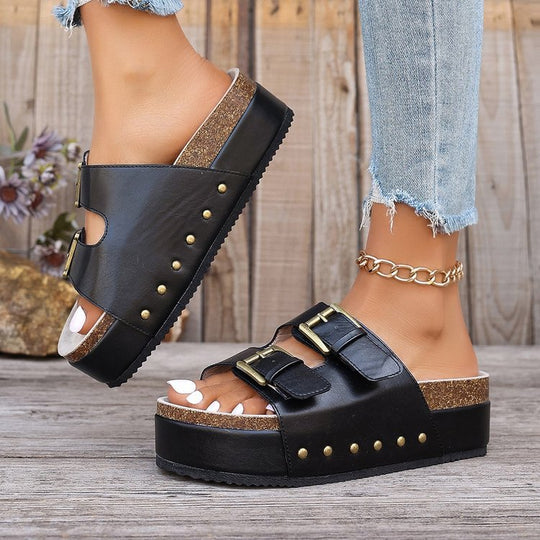 Damen Komfortable Wedge-Pantoletten mit verstellbarem Riemendesign und dekorativen Schnallen R&B