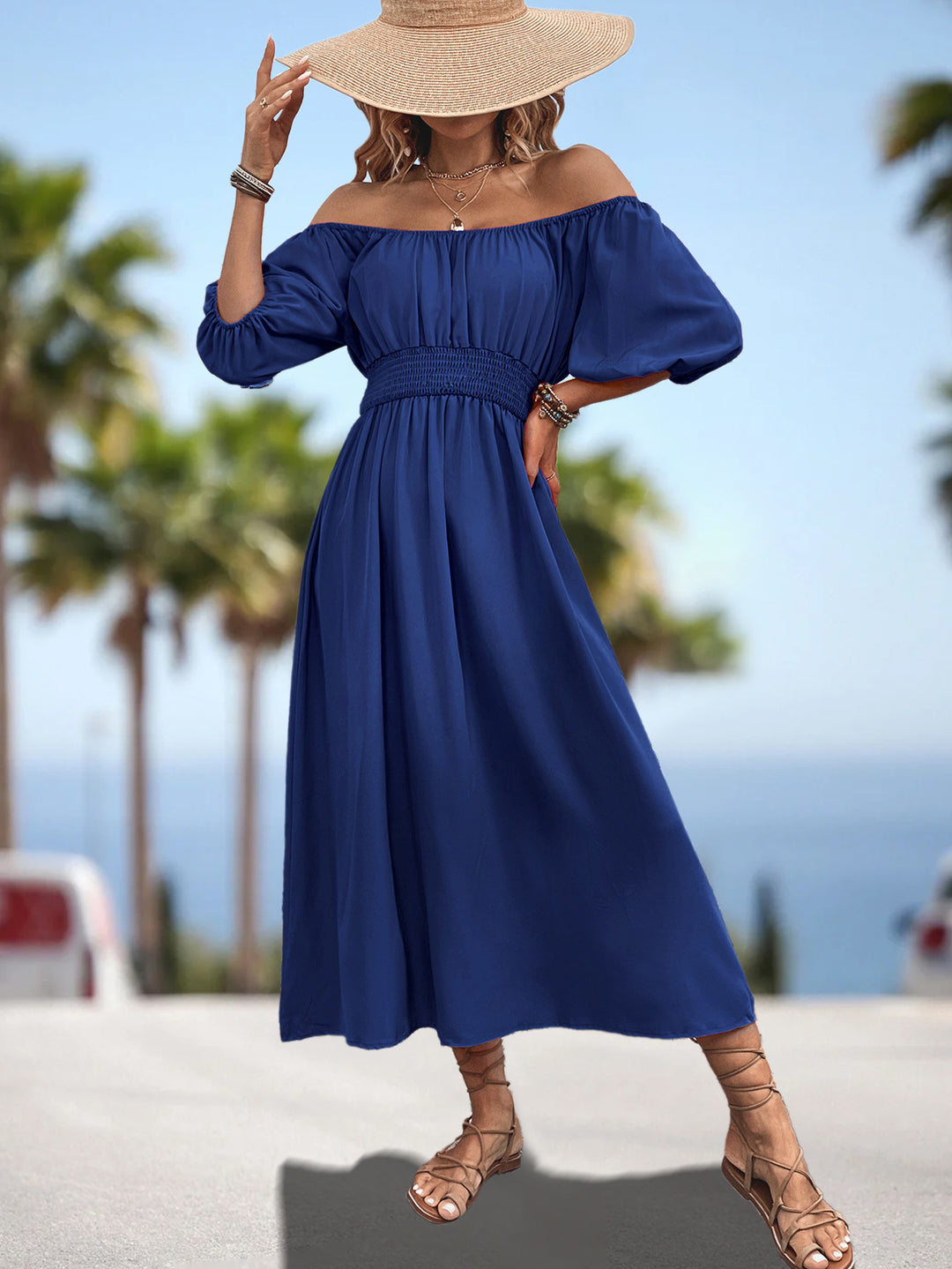 Damen Off-Shoulder Midi-Kleid mit elastischem Bund und voluminösen Ärmeln R&B