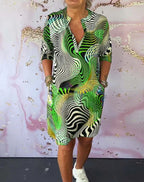 Damen nan locker fallendes V-Ausschnitt Jerseykleid mit abstraktem Wellenprint und knielangem Schnitt R&B