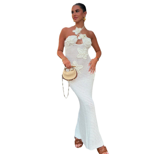 Damen Strickmaxikleid mit floralem Einsatz und schulterfreiem Design R&B