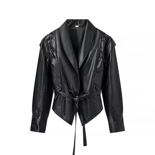 Damen elegante Kunstlederjacke mit modischen Schnürdetails R&B