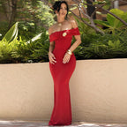 Damen Elegantes Offshoulder Maxikleid mit dekorativem Gold-Detail R&B