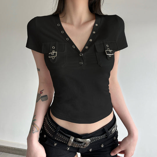 Damen Kurzarm Shirt mit dekorativem V-Ausschnitt und praktischem Taschen-Design R&B