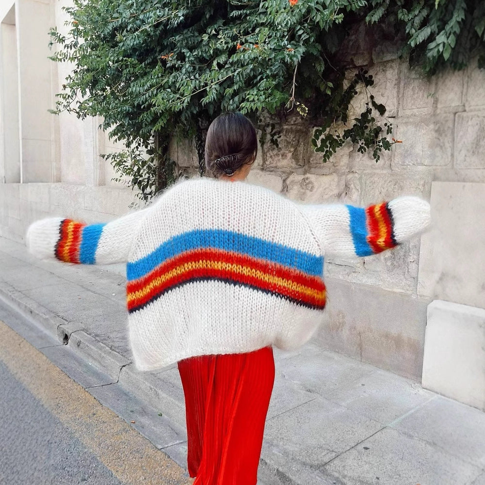Damen Großer Strickcardigan mit buntem Streifendesign R&B