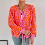Damen Strickjacke mit einzigartigem Leopardenmuster und verstellbarem Kordelzug R&B