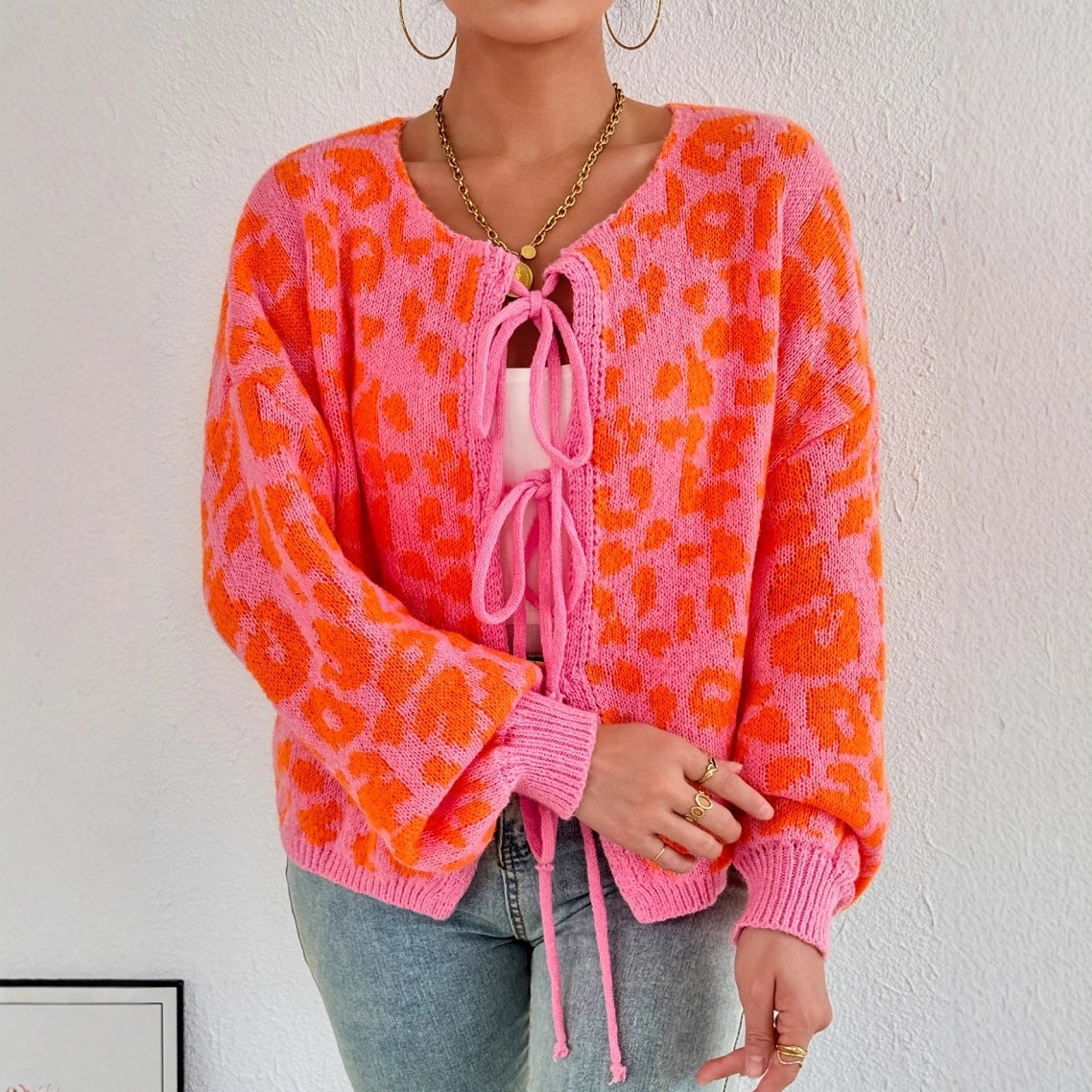 Damen Strickjacke mit einzigartigem Leopardenmuster und verstellbarem Kordelzug R&B