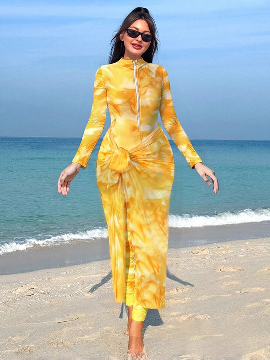 Damen Modischer Strandanzug mit langem Arm und Wickeldetail R&B