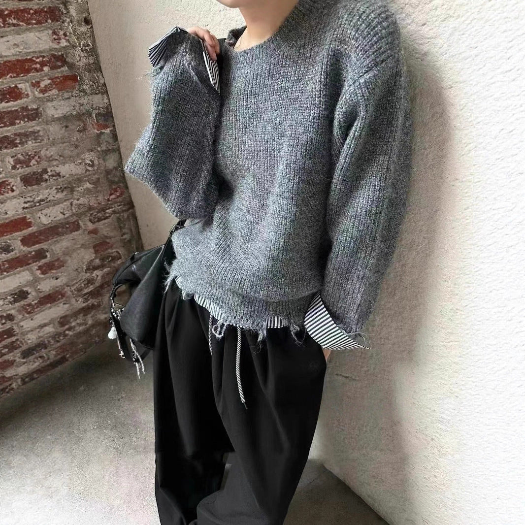 Damen Grob gestrickter Pullover mit einzigartigen Kontrastarmabschlüssen und lässigem Schnitt