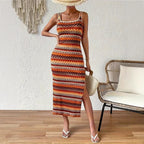 Damen Maxikleid mit geometrischem Muster und seitlichem Schlitz R&B
