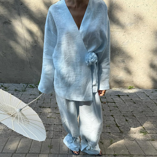 Damen eleganter Leinenanzug mit raffinierten Rüschen R&B