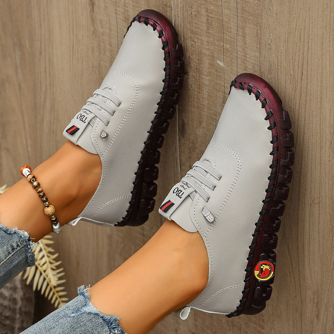 Damen Freizeit-Leder-Sneaker mit elastischen Schnürsenkeln und rutschfester Sohle R&B