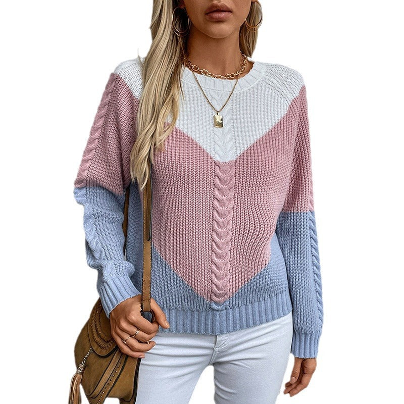 Damen modischer Strickpullover mit geometrischem Muster und Zopfrippen