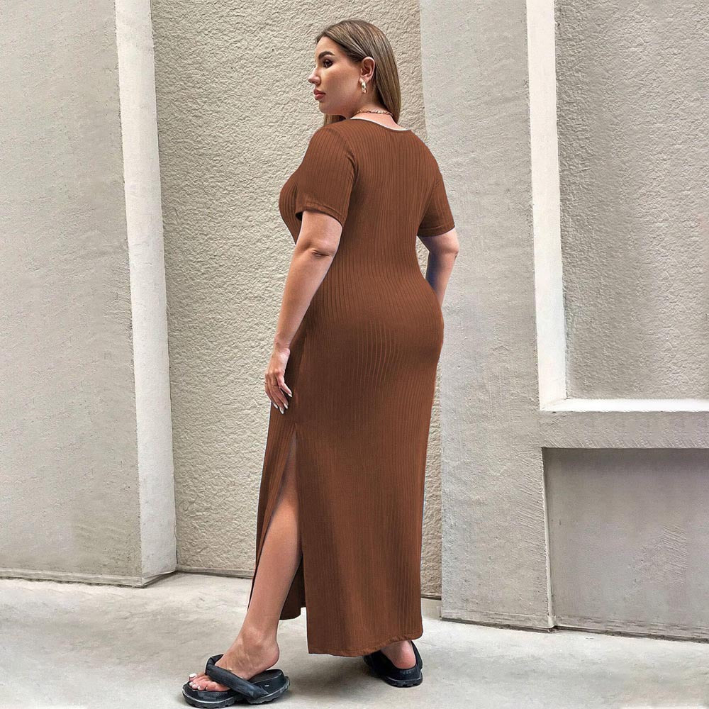 Damen Figurbetontes Maxikleid mit Seitenschlitz und Rippenstruktur R&B