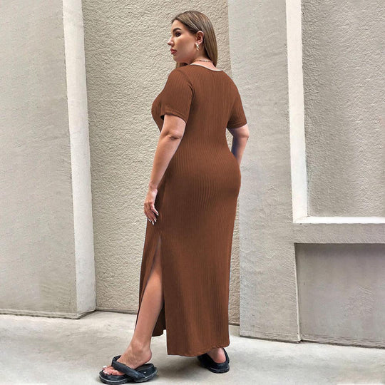 Damen Figurbetontes Maxikleid mit Seitenschlitz und Rippenstruktur R&B