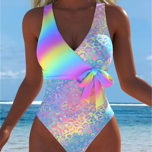 Damen Einteiliger Badeanzug mit elegantem Leoparden-Design und schimmerndem Farbverlauf R&B