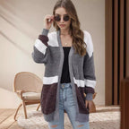 Damen lockere Strickjacke mit modischem Streifenmuster R&B