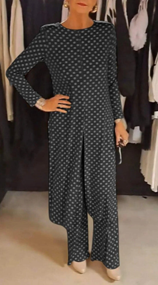 Damen nan Pünktchen-Lounge-Ensemble mit langer A-Linien-Tunika, mittigem Frontschlitz und weiter Palazzohose R&B