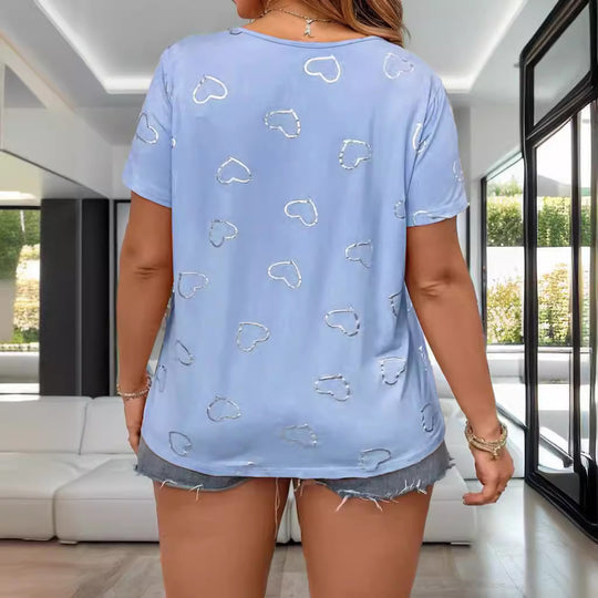 Damen lässiges T-Shirt mit romantischem Herzdesign und Knopfleiste R&B