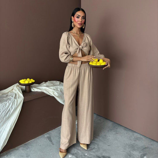 Damen elegantes Zwei-Teiler-Set mit Knotenoberteil und weitem Bein R&B
