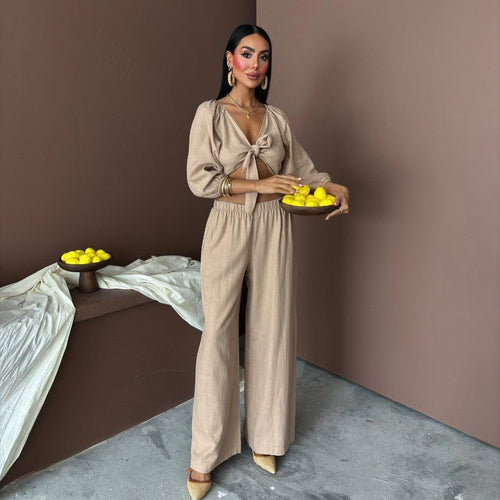 Damen elegantes Zwei-Teiler-Set mit Knotenoberteil und weitem Bein R&B