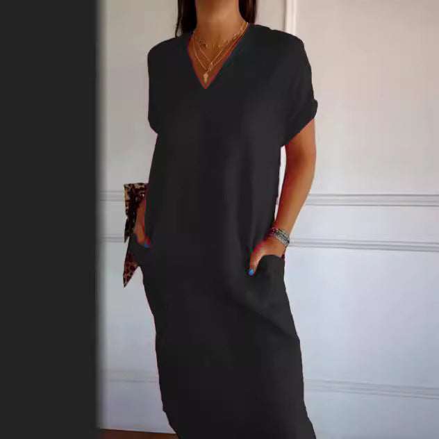 Damen Viskose-Leinen Kleid mit tiefem V-Ausschnitt und praktischen Taschen R&B