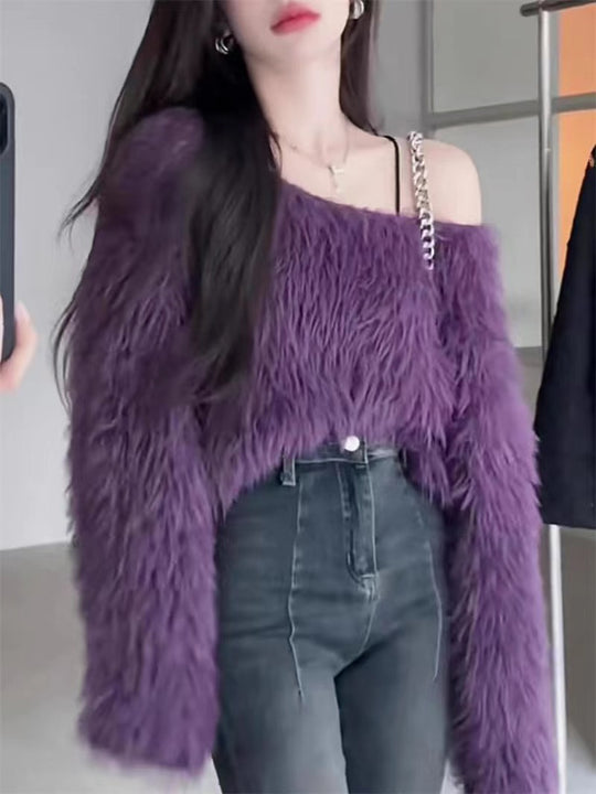 Damen Flauschiger Pullover mit lockerem Schnitt und weichen Ärmeln R&B
