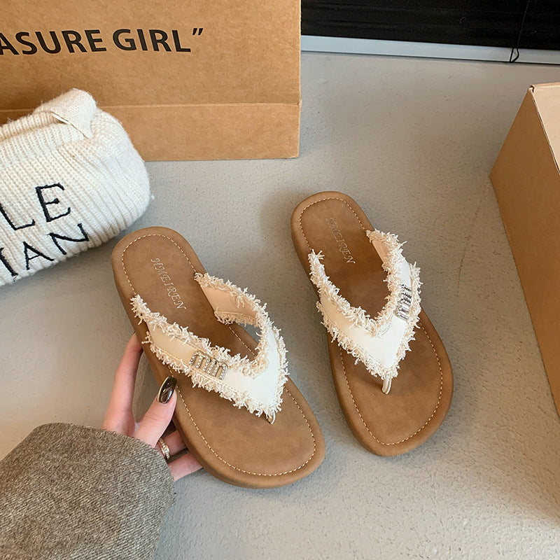 Damen modische Flip-Flops mit fransigem Riemen und komfortabler Innensohle EB