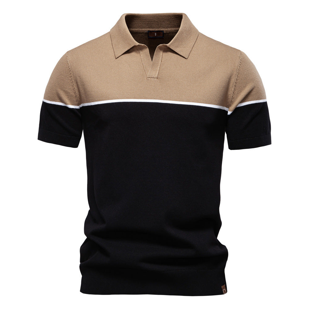 Herren nan modernes Kurzarm-Poloshirt aus Feinstrick mit offenem Reverskragen und horizontaler Kontrastpasse R&B