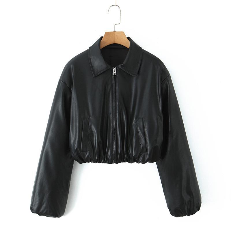 Damen cropped Kunstlederjacke mit praktischen Taschen und Gummibund R&B