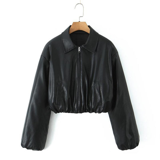 Damen cropped Kunstlederjacke mit praktischen Taschen und Gummibund R&B