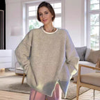 Damen Oversized Strickpullover mit elegantem V-Ausschnitt und seitlichen Schlitzen R&B