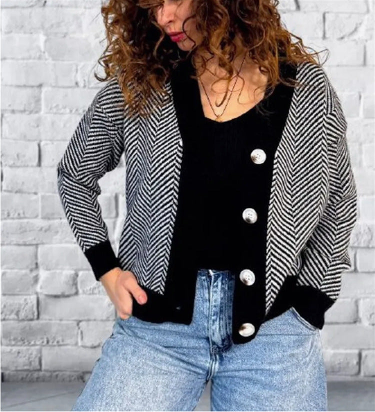 Damen Modischer Cardigan mit Chevron-Muster und Knöpfen