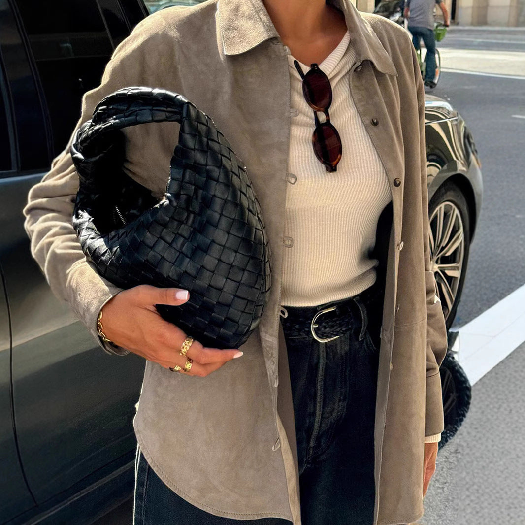 Damen Sanfte Kunstlederjacke mit Knopfverschluss R&B