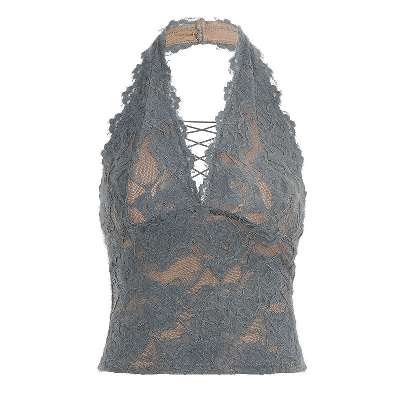Damen Elegantes Spitzen-Haltertop mit tiefem V-Ausschnitt R&B