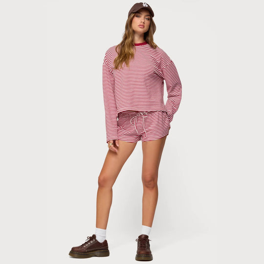 Damen Lässiges Streifen-Loungewear-Set mit langärmligem Oberteil und kurzer Hose R&B