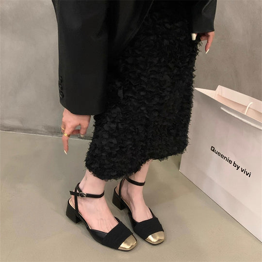 Damen nan elegante Sandalette mit niedrigem Blockabsatz, metallischer Kappenspitze und verstellbarem Knöchelriemen R&B