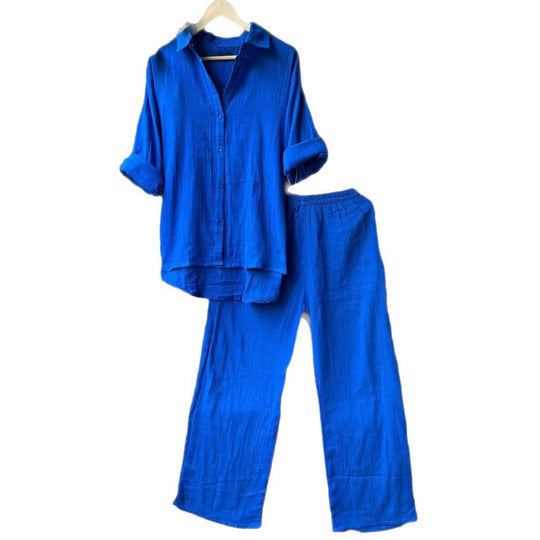 Damen lässiges Leinen-Hemd und Hose Set R&B