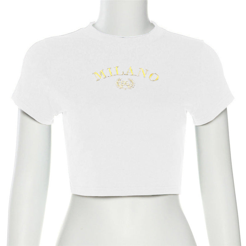 Damen cropped T-Shirt mit gesticktem Schriftzug und rundem Ausschnitt R&B