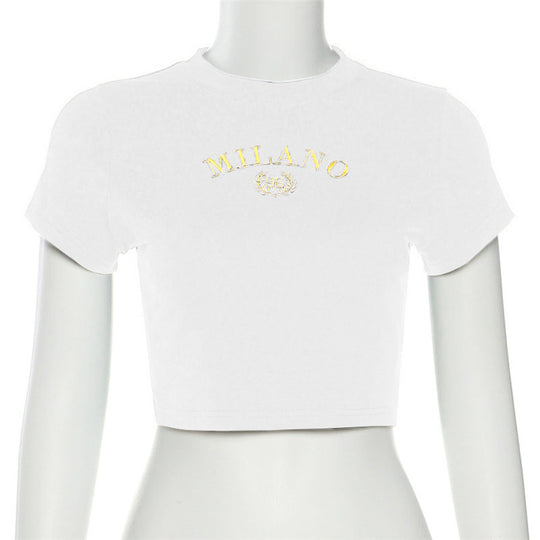 Damen cropped T-Shirt mit gesticktem Schriftzug und rundem Ausschnitt R&B