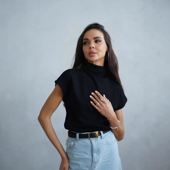 Damen modernes Kurzarm-Oberteil mit hohem Stehkragen und strukturiertem Design R&B