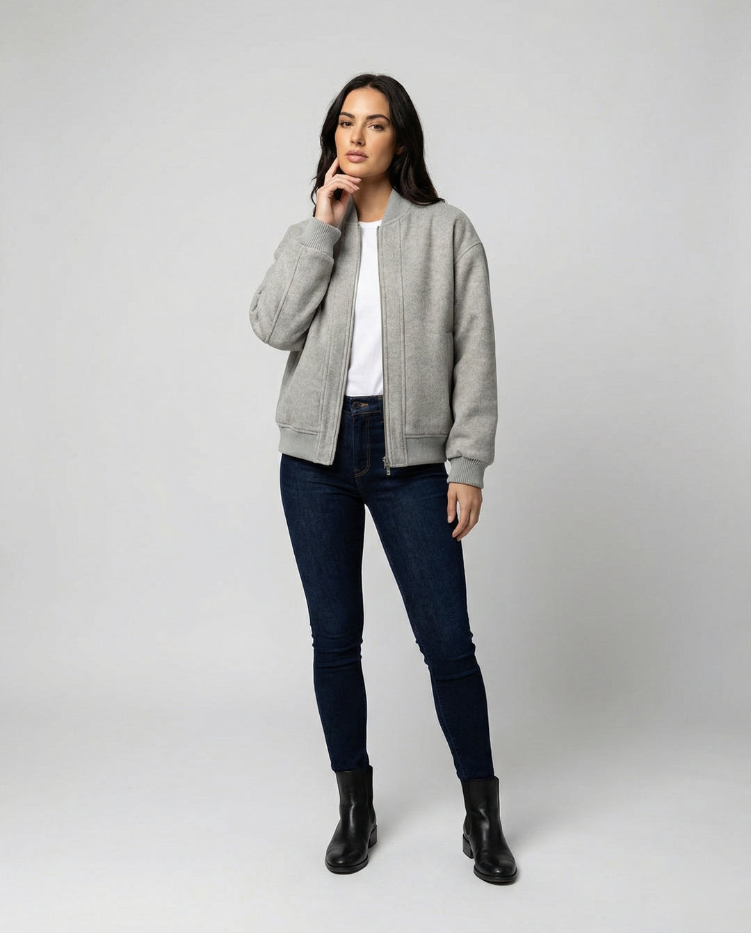 Damen oversized Wollmix-Bomberjacke mit Stehkragen und geripptem Saum R&B