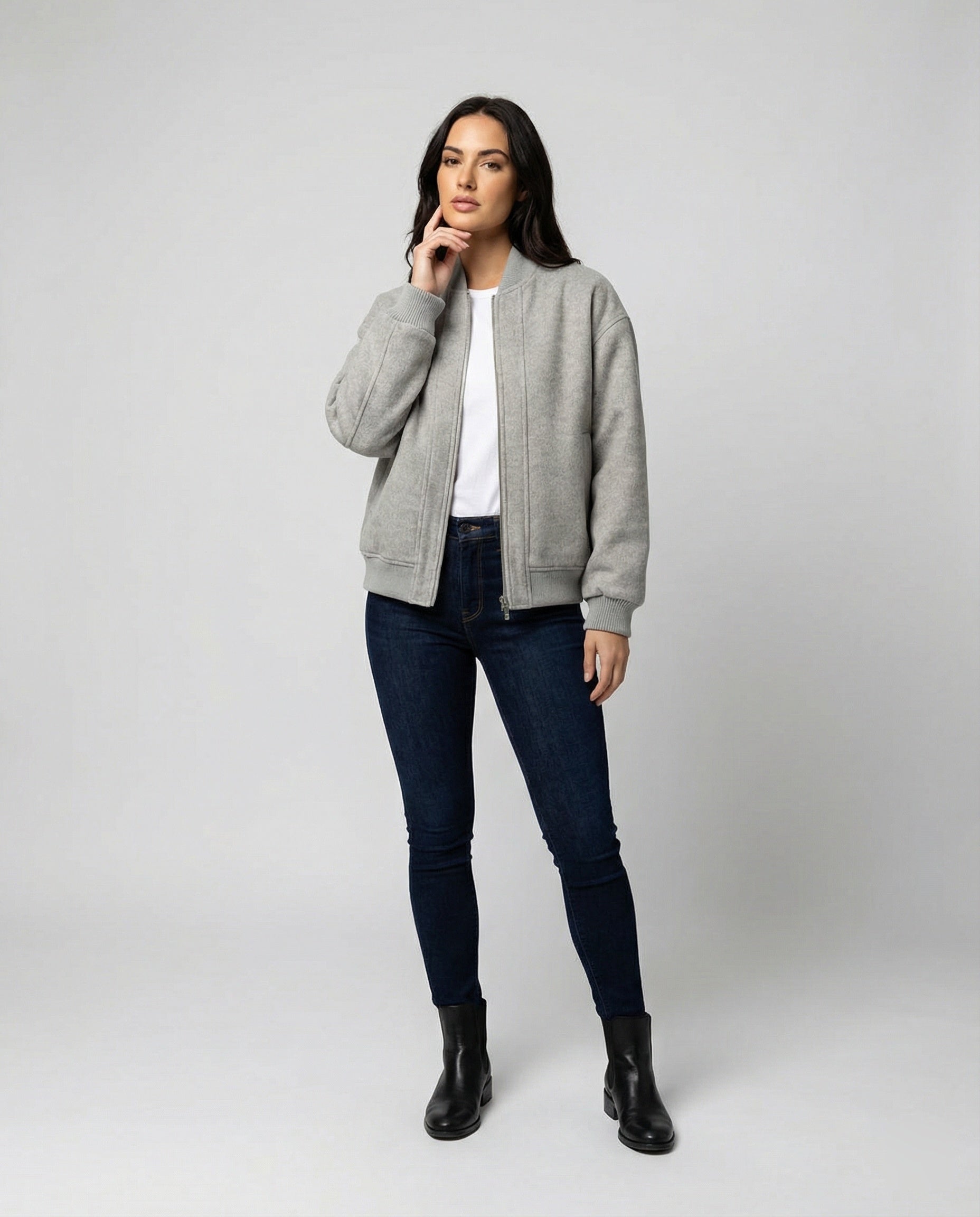 Damen oversized Wollmix-Bomberjacke mit Stehkragen und geripptem Saum R&B