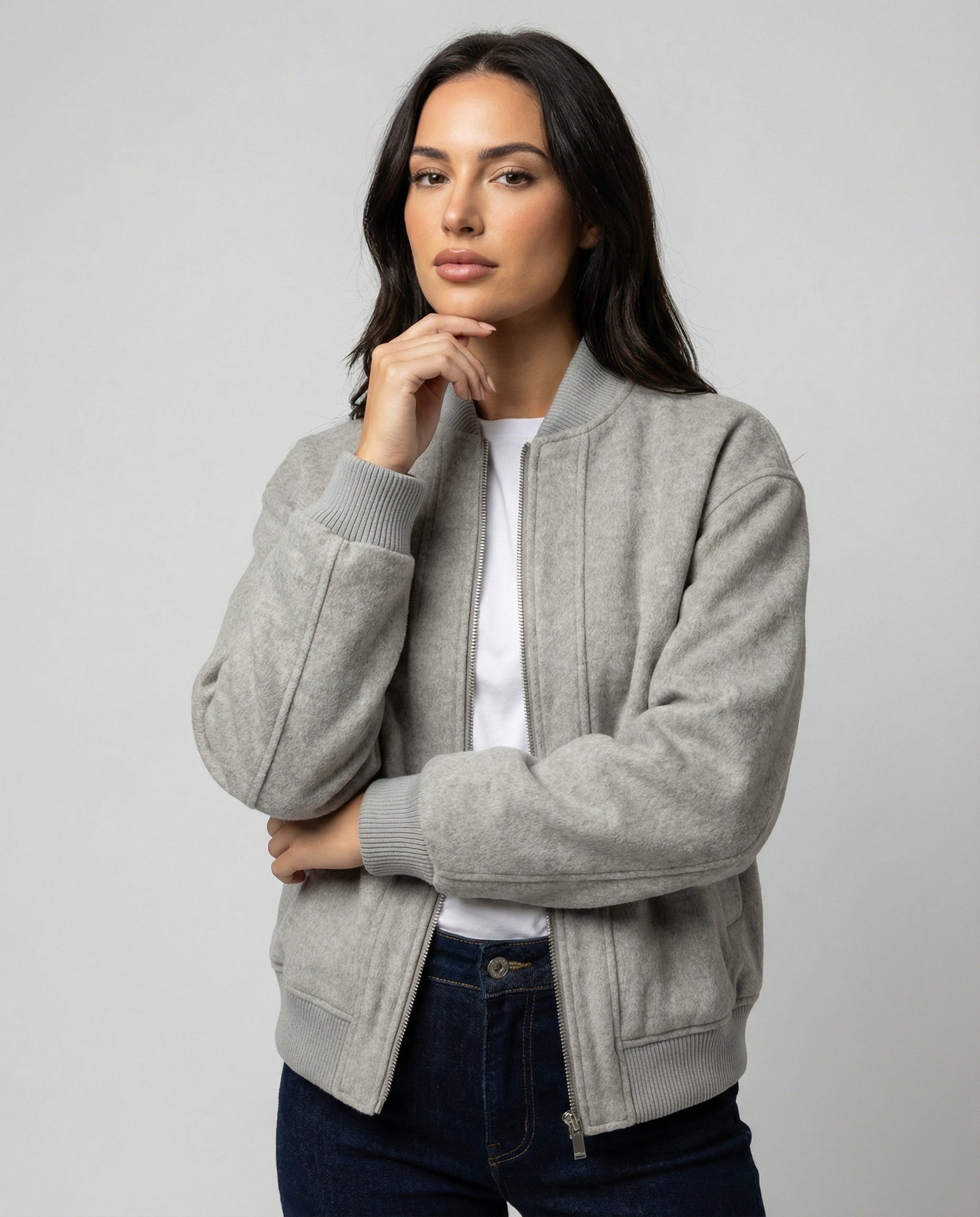 Damen oversized Wollmix-Bomberjacke mit Stehkragen und geripptem Saum R&B