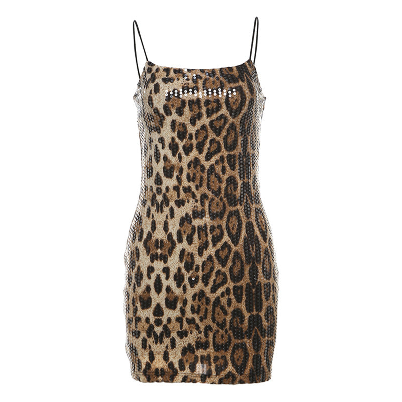 Damen Glitzerndes Minikleid mit Leopardenmuster und Spaghetti-Trägern R&B