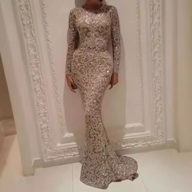 Damen Glamouröses Hochzeitskleid mit funkelnden Pailletten und langen Ärmeln R&B