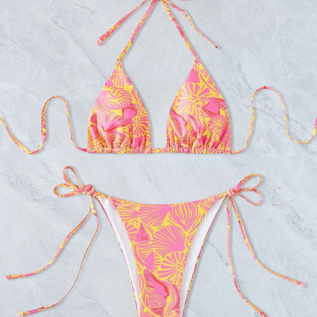 Damen Triangel-Bikini mit lebhaftem floralem Muster und verstellbaren Bindebändern R&B