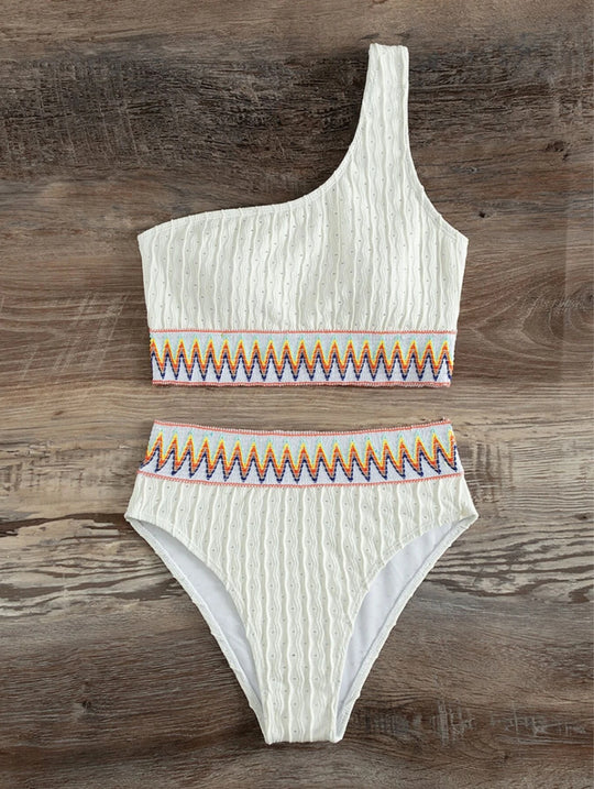 Damen Einseitiger Crop-Bikini mit buntem Jacquardband R&B